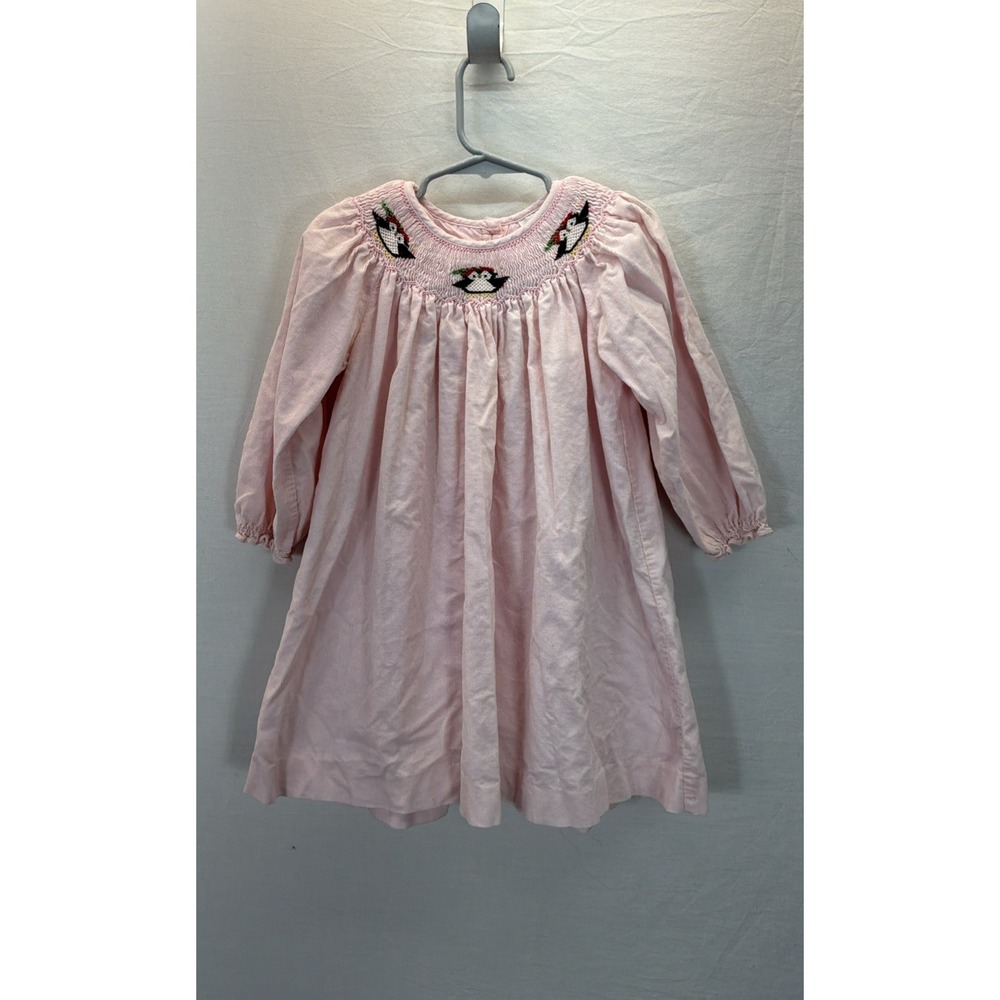 GIRLS SIZE 3T SMOCKED CHRISTMAS Pink Corduroy Penguins Bishop dress long slv